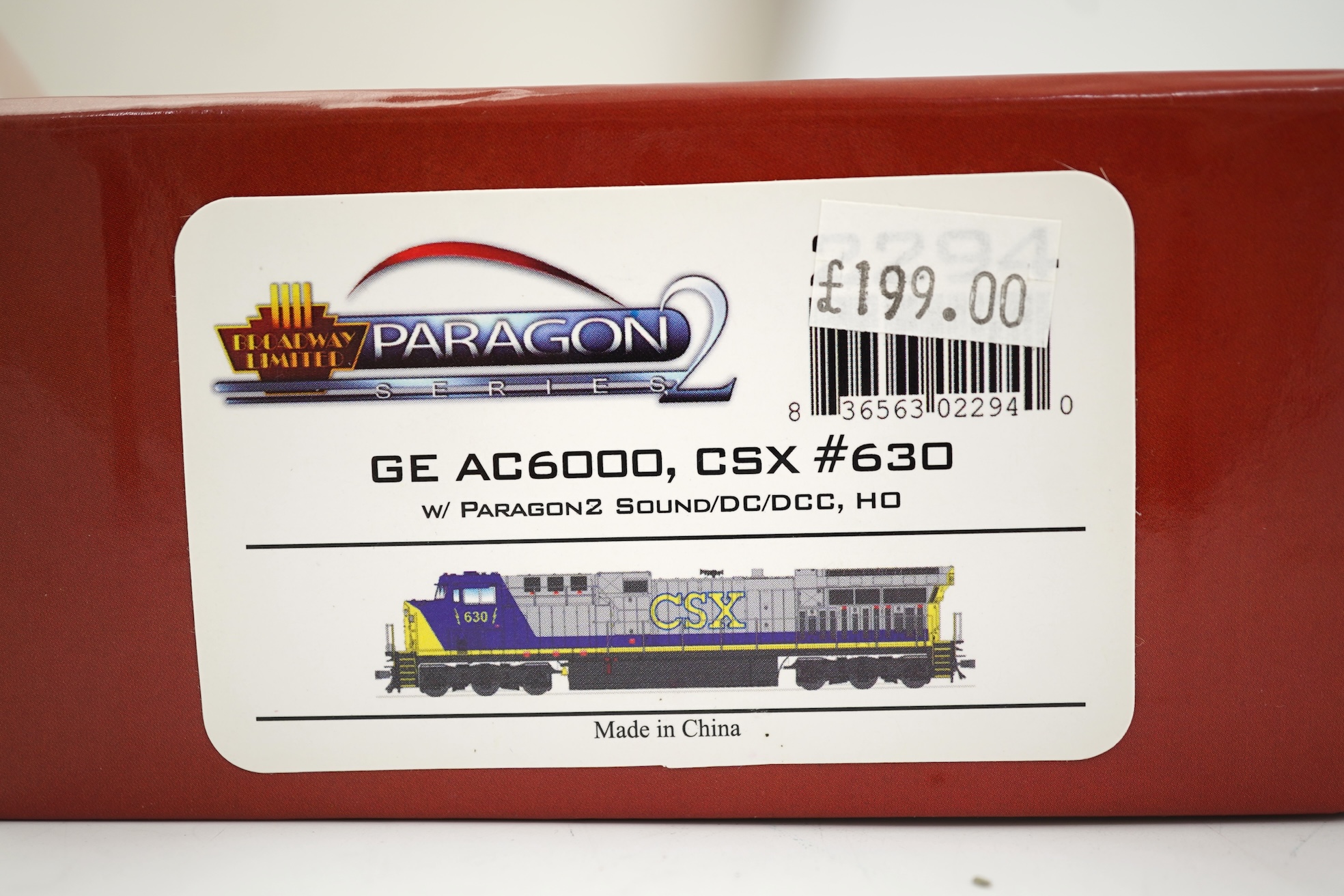 A boxed HO gauge Broadway Limited Paragon 2 Series (2294) model of CSX GE AC6000, 630, Co-Co diesel locomotive, powered for two rail operation.